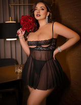 Women Plus Size Black Sheer Lace Underwire Babydoll - PRUSES