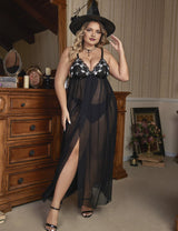 Women Plus Size Black Skull Embroidery Halloween Chemise - PRUSES