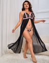 Women Plus Size Black Split Long Sheer Nightgown - PRUSES