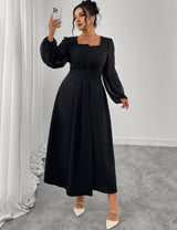Women Plus Size Black Square Neck Chiffon Sleeve Maxi Dress - PRUSES