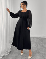 Women Plus Size Black Square Neck Chiffon Sleeve Maxi Dress - PRUSES