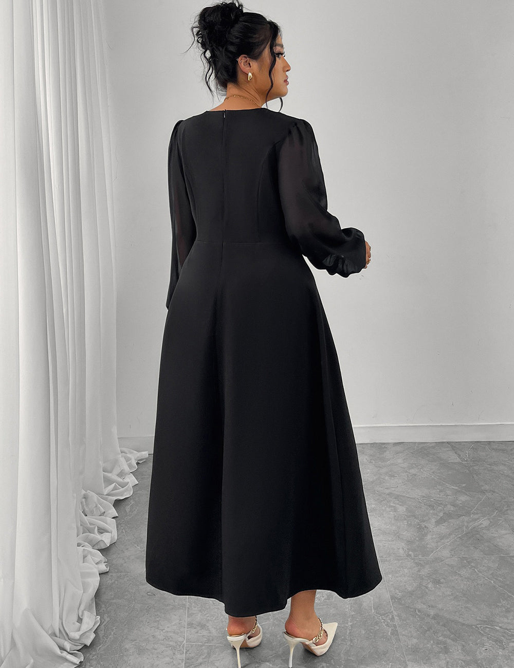 Women Plus Size Black Square Neck Chiffon Sleeve Maxi Dress - PRUSES