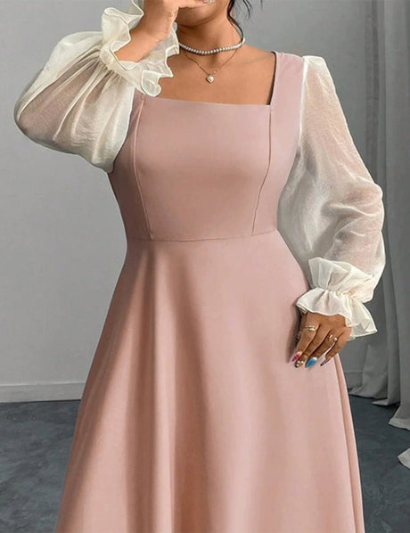 Women Plus Size Black Square Neck Sheer Sleeve Maxi Dress - PRUSES