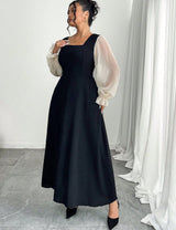 Women Plus Size Black Square Neck Sheer Sleeve Maxi Dress - PRUSES