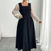 Women Plus Size Black Square Neck Sheer Sleeve Maxi Dress - PRUSES