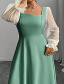 Women Plus Size Black Square Neck Sheer Sleeve Maxi Dress - PRUSES