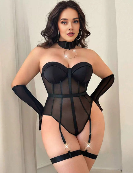 Women Plus Size Black Strapless Corset Sexy Bodysuit - PRUSES
