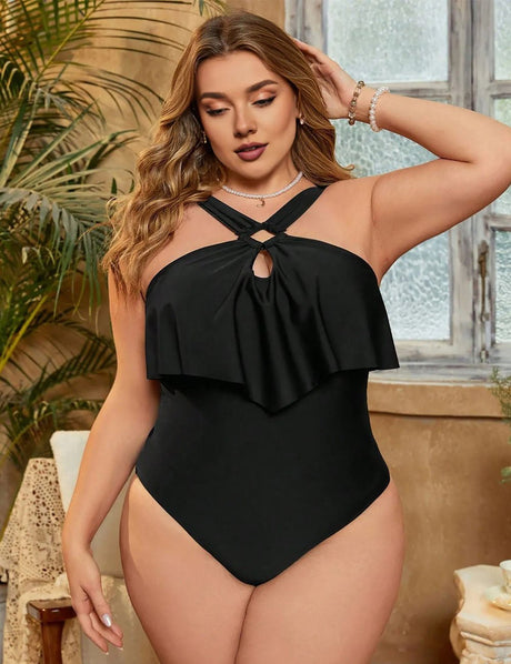 Women Plus Size Black Tiered Ruffles Crisscross One Piece Swimsuit - PRUSES