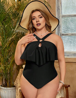 Women Plus Size Black Tiered Ruffles Crisscross One Piece Swimsuit - PRUSES