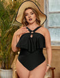 Women Plus Size Black Tiered Ruffles Crisscross One Piece Swimsuit - PRUSES