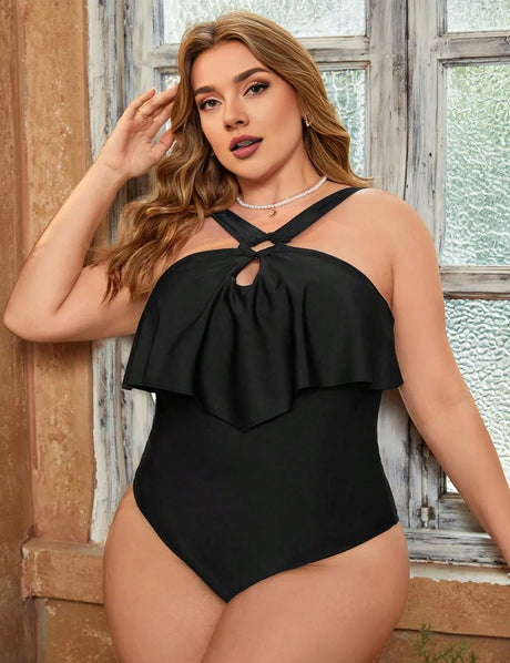 Women Plus Size Black Tiered Ruffles Crisscross One Piece Swimsuit - PRUSES