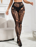 Women Plus Size Black Torn Fishnet Pantyhose - PRUSES