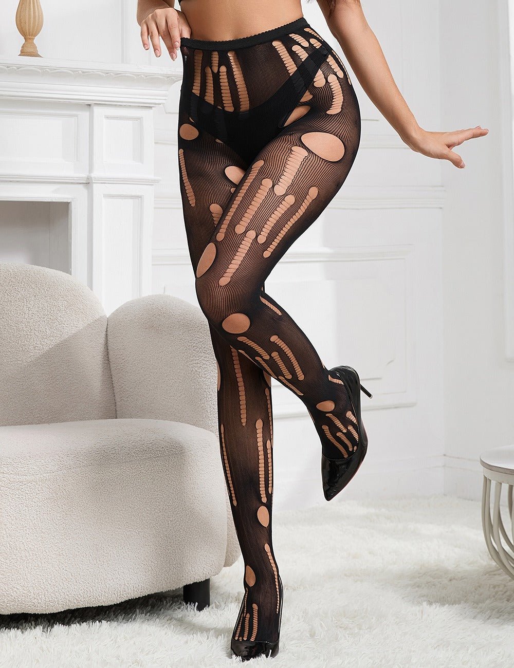 Women Plus Size Black Torn Fishnet Pantyhose - PRUSES