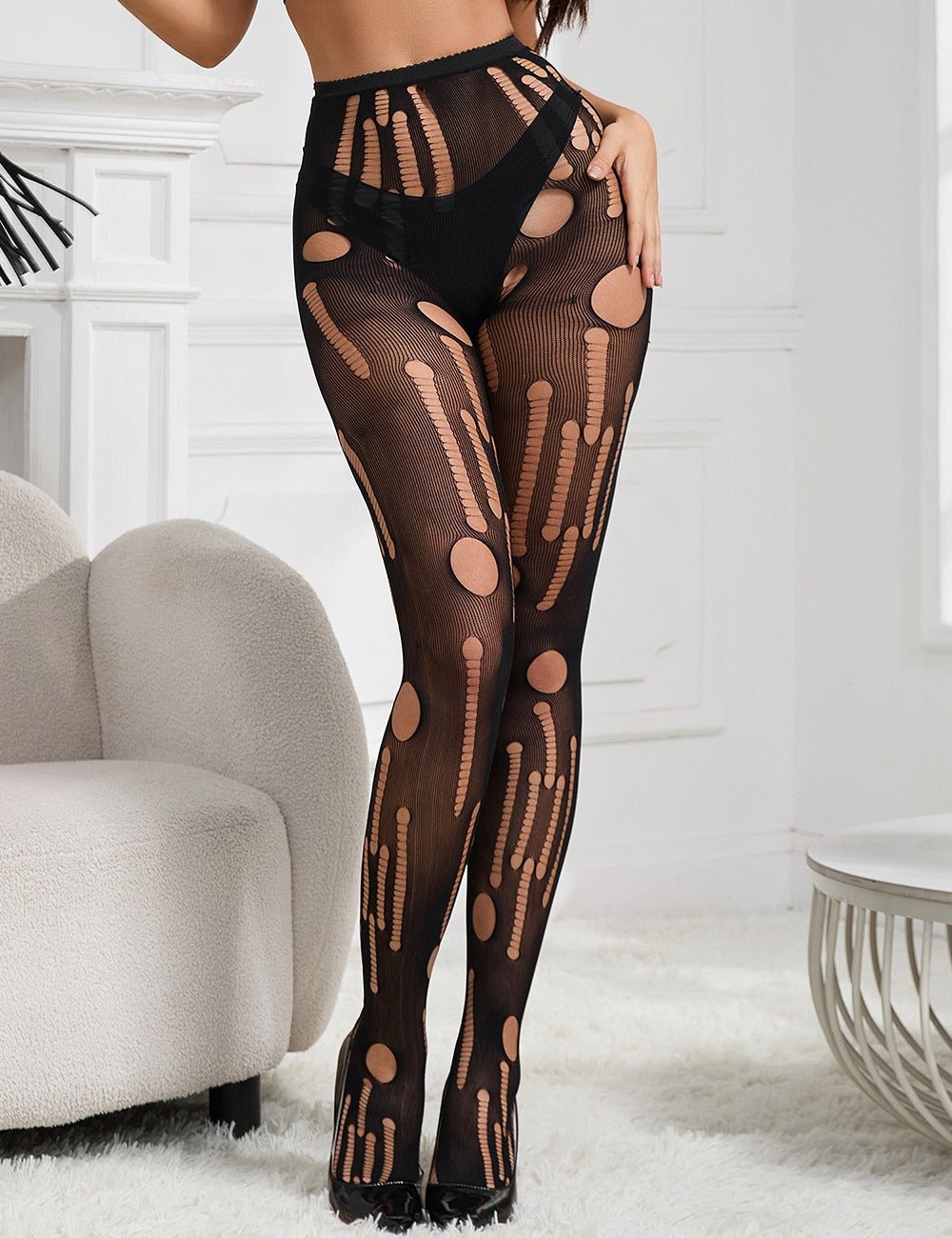 Women Plus Size Black Torn Fishnet Pantyhose - PRUSES