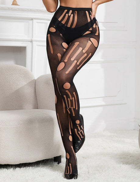 Women Plus Size Black Torn Fishnet Pantyhose - PRUSES