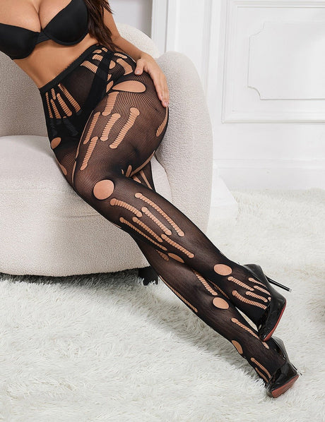 Women Plus Size Black Torn Fishnet Pantyhose - PRUSES