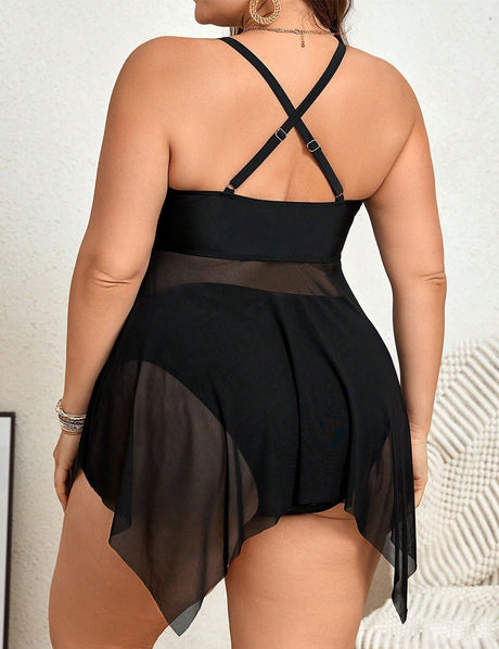 Women Plus Size Black Two Piece Skirt Mesh Swimsuit | PRUSES - PRUSES