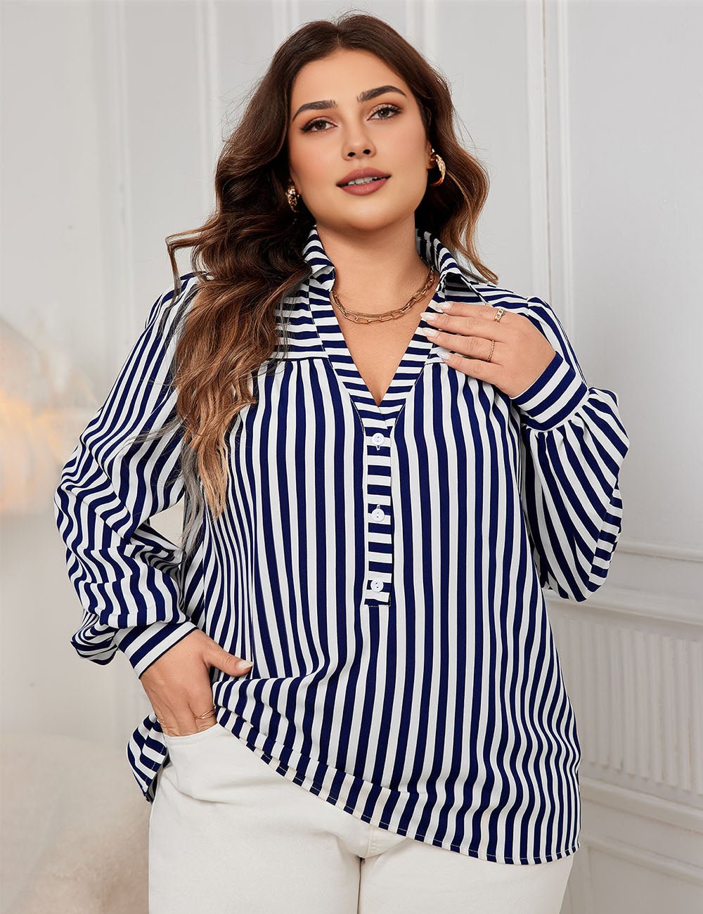 Women Plus Size Blue And White Striped V - Neck Long - Sleeved Shirt | PRUSES - PRUSES