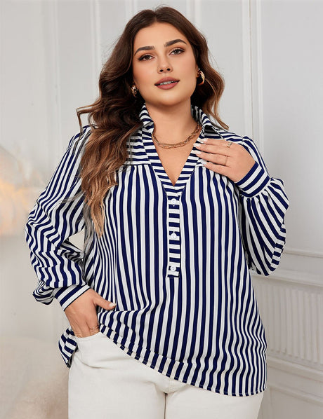 Women Plus Size Blue And White Striped V - Neck Long - Sleeved Shirt | PRUSES - PRUSES