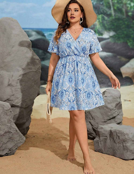 Plus Size Blue Boho V-Neck Short Sleeve Vacation Dress