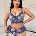 Women Plus Size Blue Floral Embroidered Sheer Lace Bra Set - PRUSES