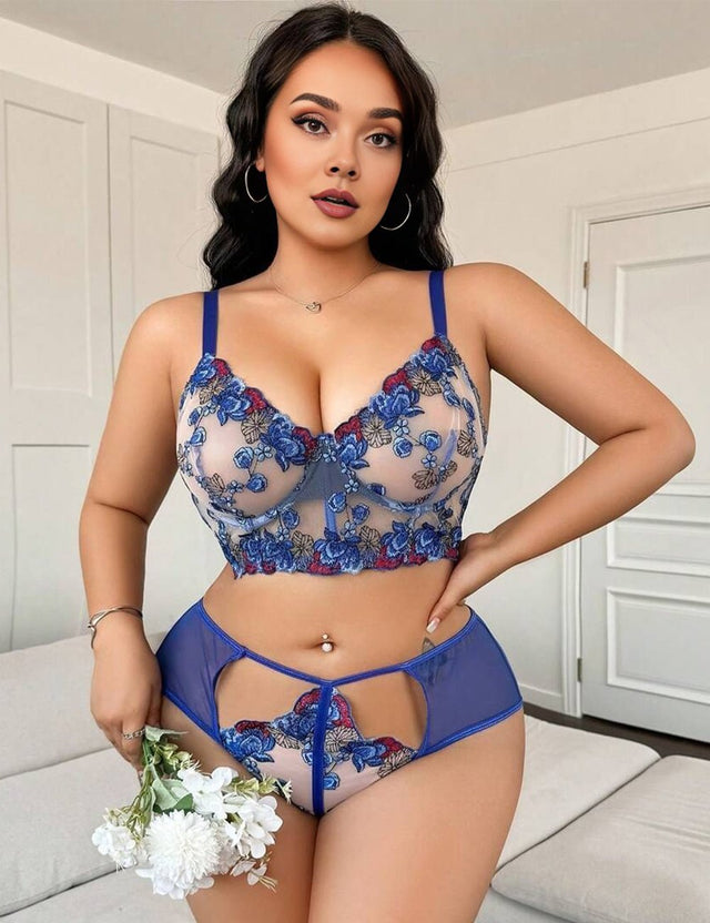 Women Plus Size Blue Floral Embroidered Sheer Lace Bra Set - PRUSES