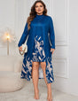 Women Plus Size Blue Floral Print Mock Neck Faux Two - Piece Dress - PRUSES