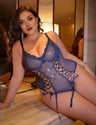 Women Plus Size Blue Lace Splicing Mesh Teddy - PRUSES