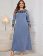 Women Plus Size Blue Modest Floral Pattern Long Sleeve Dress - PRUSES
