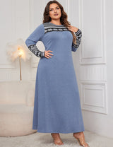 Women Plus Size Blue Modest Floral Pattern Long Sleeve Dress - PRUSES