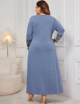Women Plus Size Blue Modest Floral Pattern Long Sleeve Dress - PRUSES