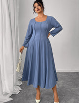 Women Plus Size Blue Pintuck Seam A - Line Dress - PRUSES