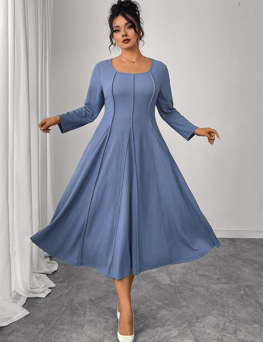 Women Plus Size Blue Pintuck Seam A - Line Dress - PRUSES