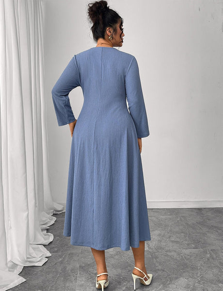 Women Plus Size Blue Pintuck Seam A - Line Dress - PRUSES