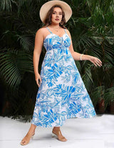 Plus Size Blue Print Tie-Front Spaghetti Strap Dress