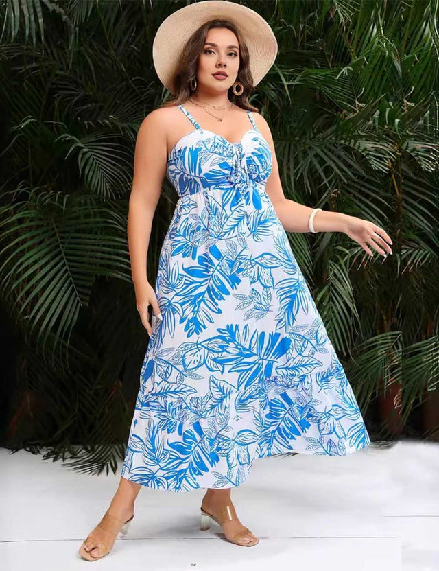 Plus Size Blue Print Tie-Front Spaghetti Strap Dress