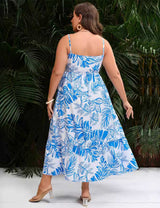 Plus Size Blue Print Tie-Front Spaghetti Strap Vacation Dress