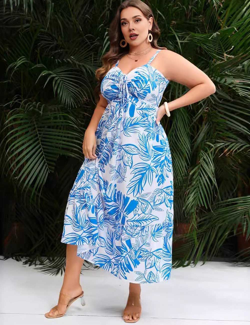 Plus Size Blue Boho Print Tie-Front Spaghetti Strap Dress