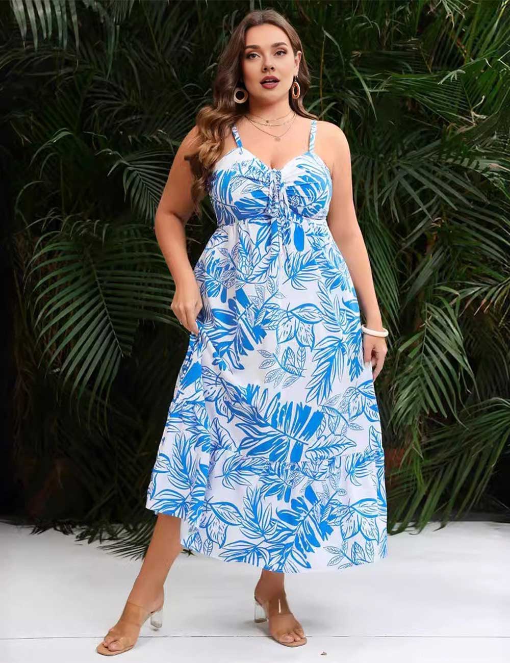 Plus Size Blue Boho Print Tie-Front Spaghetti Strap Maxi Dress