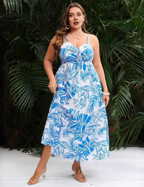 Plus Size Blue Boho Print Tie-Front Spaghetti Strap Maxi Dress