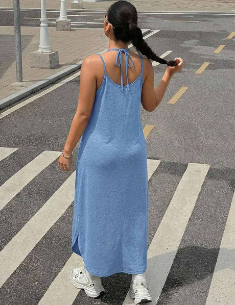 Plus Size Blue V-Neck Sleeveless Ankle Length Dress