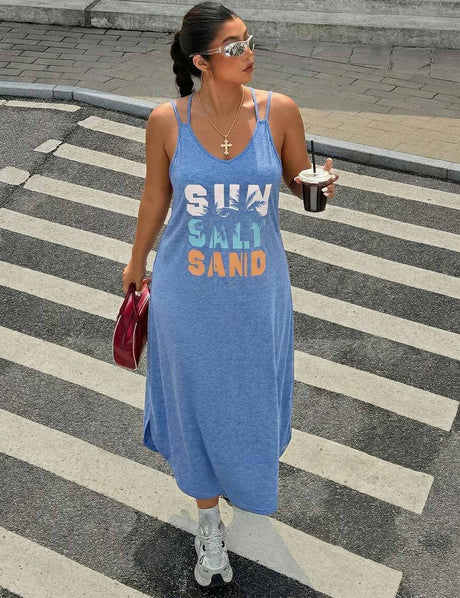 Plus Size Blue V-Neck Sleeveless Loose Ankle Length Dress