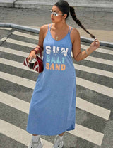 Blue Plus Size V-Neck Sleeveless Loose Ankle Length Dress