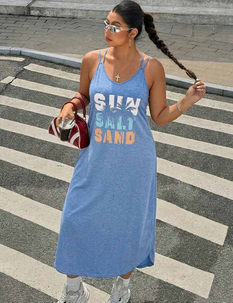 Blue Plus Size V-Neck Sleeveless Loose Ankle Length Dress