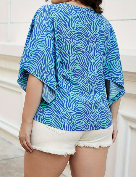 Women Plus Size Blue Wave Print Loose Top | PRUSES - PRUSES