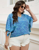 Women Plus Size Blue Wave Print Loose Top | PRUSES - PRUSES