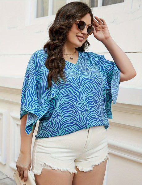 Women Plus Size Blue Wave Print Loose Top | PRUSES - PRUSES