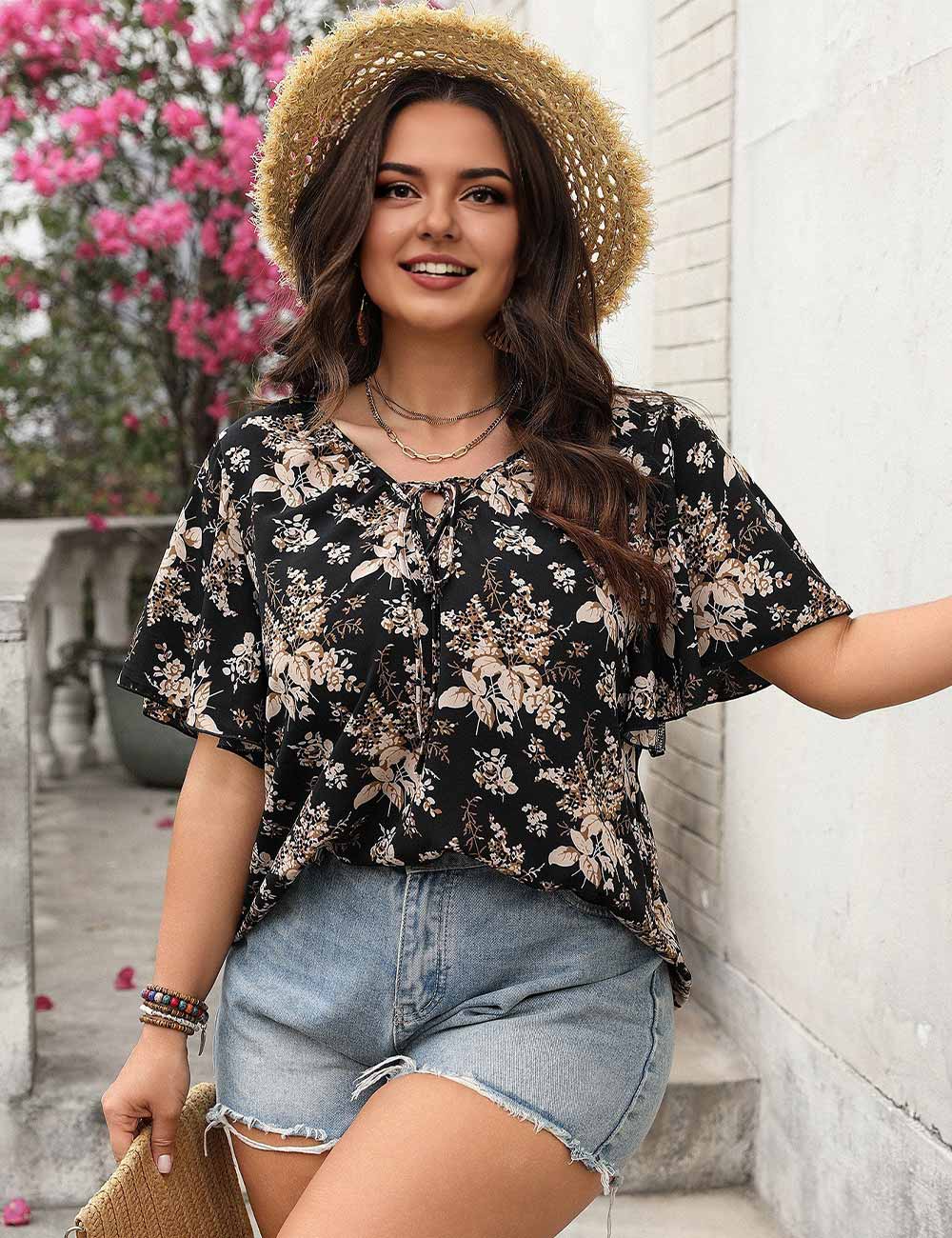 Black Plus Size Boho Floral Tie Front Blouse