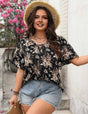 Black Plus Size Boho Floral Tie Front Blouse