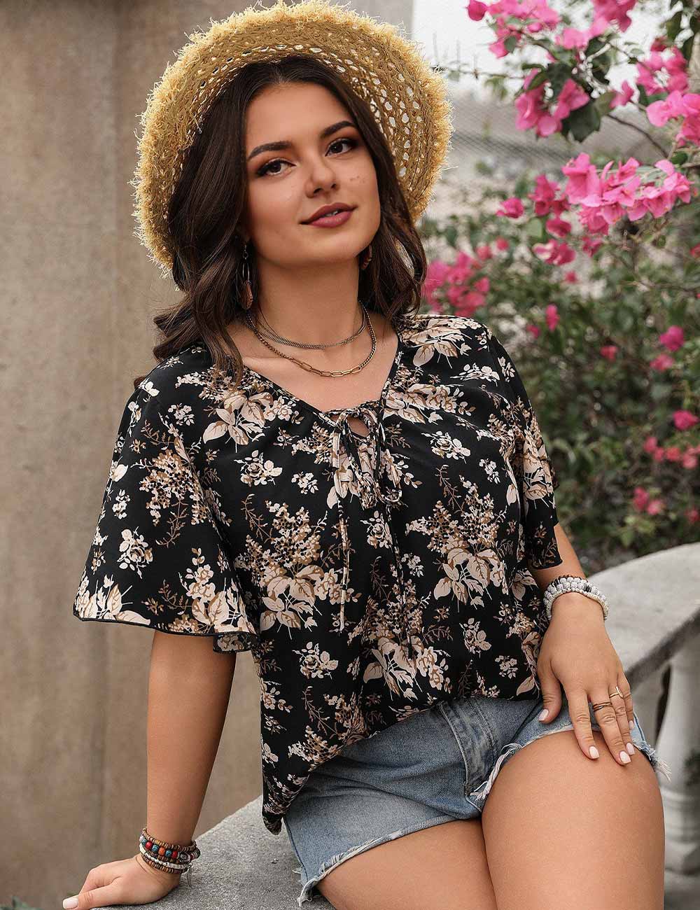 Black Plus Size Summer Boho Floral Tie Front Blouse 